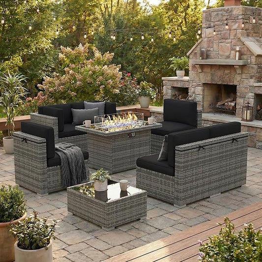 8 Pieces Patio Furniture Set with 44" Propane Gas Fire Pit Table, Outdoor Sectional Wicker Conversation Sofa Sets with Coffee Table