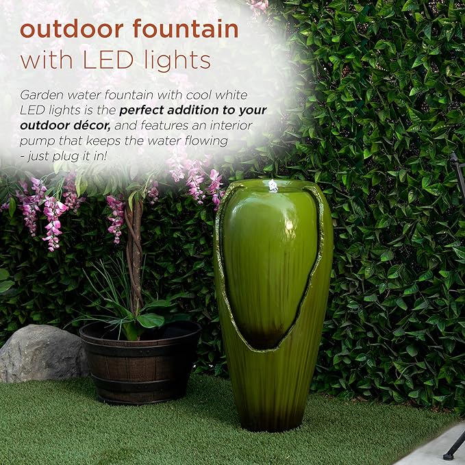Alpine Corporation 33" Tall Outdoor Vintage Cascading Antique Jar Water Fountain with LED Lights for Gardens, Patios, and Yards, Green