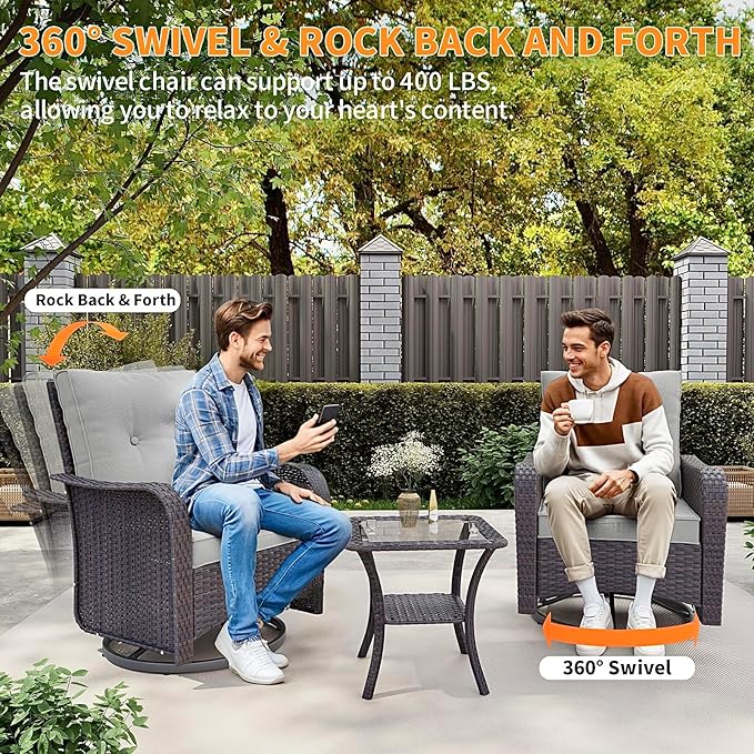 Gotland 10 Pieces Patio Furniture Set with 2 Swivel Rocking Chairs 1 Fire Pit Table, Patio Furniture in 4 Combinations with 1 Coffee Table Wide Armrests 29.5'' High Backrest, for Deck Garden Pool Gray