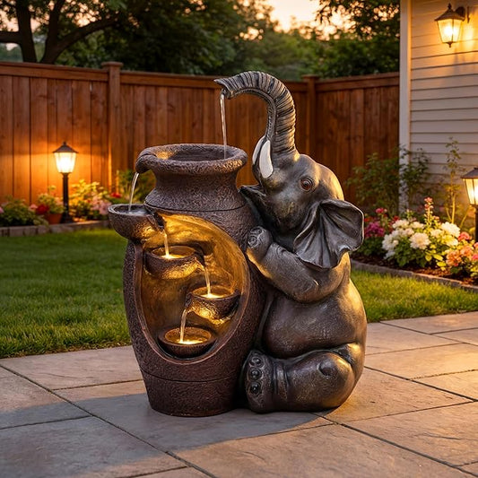20" Elephant Jars Outdoor Fountain, 5-Tier Rustic Playful Resin Statue Water Feature with Lights, Soothing Cascading Waterfall for Charming Tranquil Garden, Patio, Yard, Porch, or Home Décor