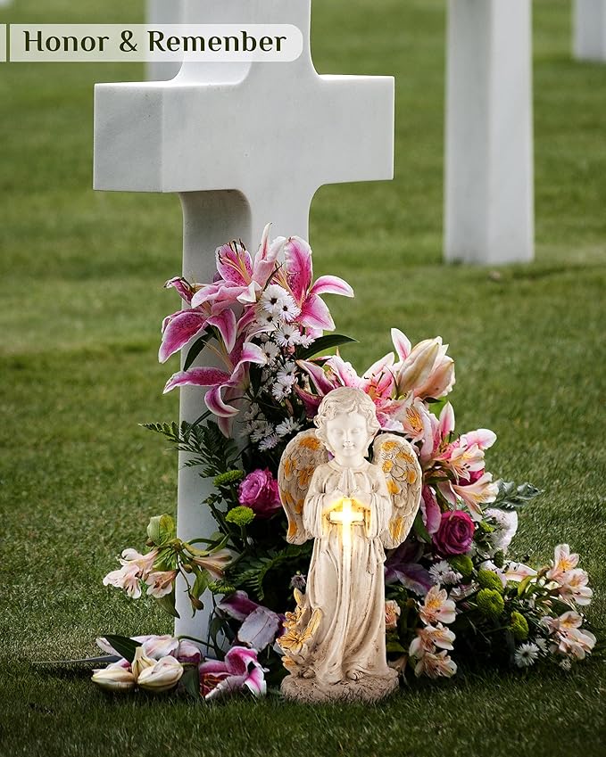 Solar Angel Statues for Outside, 12" Easter Garden Decoration, Solar Angel Figurines w/Lighted Cross for Cemetery, Yard, Pathway, Lawn Decor, Outdoor Guardian Angel for Memorial Gardens