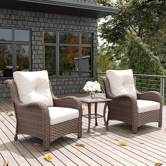 LayinSun 3 Pieces Outdoor Patio Furniture Set, Rattan Wicker Chairs Sets with Armchairs and Coffee Table