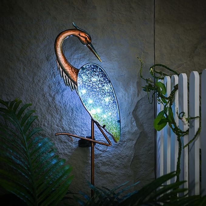 TERESA'S COLLECTIONS Blue Heron Outdoor Solar Lights for Garde Decor, Metal Yard Decorations Outdoor Decorative Garden Stake for Outside, Yard Art Pathway Lights for Patio Decor 39.3",Gifts for Mom