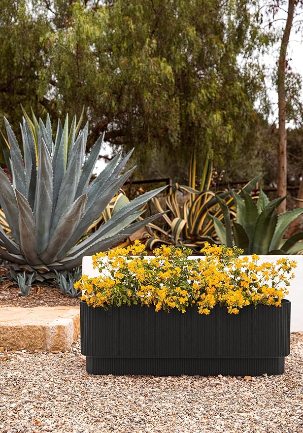 Veradek Demi Series Long Planter for Porch, Patio, Backyard | Durable Plastic-Stone Composite Material | Modern Décor for Shrubs, Flowers