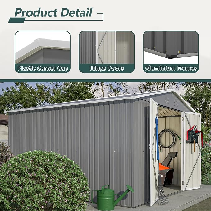 YOPTO 10×10 FT Outdoor Storage Shed,Metal Aluminum Waterproof Tool Sheds with Doors and Vents,Heavy-Duty Sheds Unit W/Lock and Key,for Storing Bicycles,Lawnmowers,Barbeques,Gray - Image 6