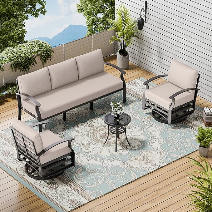 Patio Furniture Set 3-Piece Aluminum Armrest Sofa, All-Weather Patio Conversation Set with Tempered Glass Top Table & Removable Sponge Cushions for Backyard Poolside - Sand.
