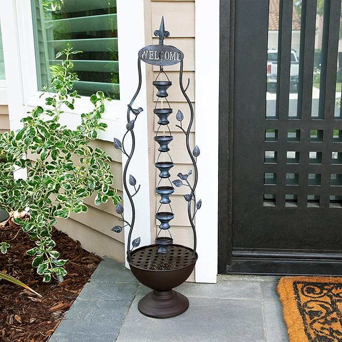 Alpine Corporation MAZ256 Indoor/Outdoor Floor Vintage Hanging 7-Cup Tiered Water Fountain, Rustic Waterfall, 41", Bronze