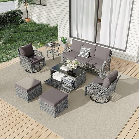 HOMREST 7 Piece Patio Furniture Set, Wicker Outdoor Conversation Set with Swivel Chairs, 2 Ottomans, Storage Coffee Table, Rattan Outdoor Sectional Sofa for Deck Backyard Porch 7 Seats Gray