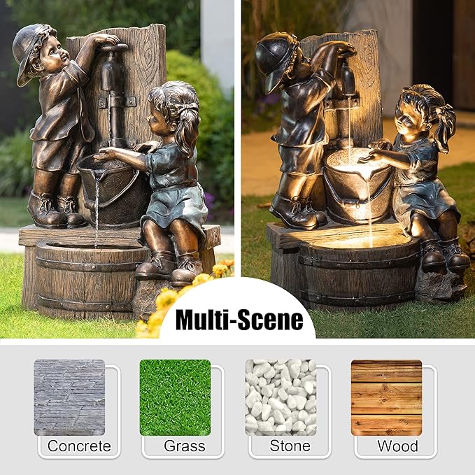 Glitzhome Outdoor Water Fountain with LED Light, Children Playing with Faucet Waterfall Fountains, Antique Bronze Resin Boy and Girl Statue Outdoor Waterfall Fountain for Patio Backyard Garden, 25”H