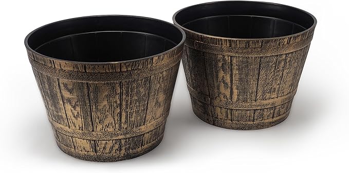 Sapphire Fancy Whiskey Barrel Set of 2 Victorian Rustic Look Flowerpots/Planters for Indoor Outdoor Garden Patio Office Home Decor Use (Gold-S)