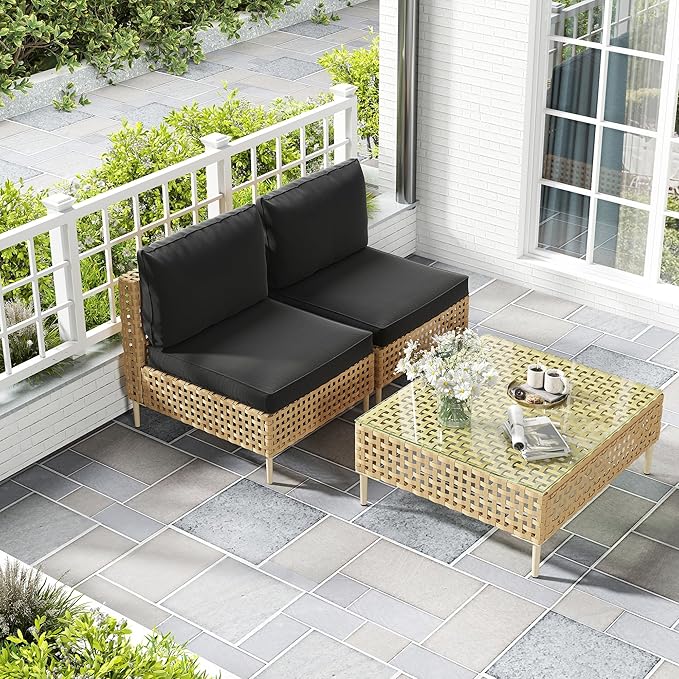 LHBcraft 3 Piece Wicker Patio Furniture Set,Modular Outdoor Furniture,Outdoor Patio Conversation Sets with Fluffy Black Cushions and Coffee Table