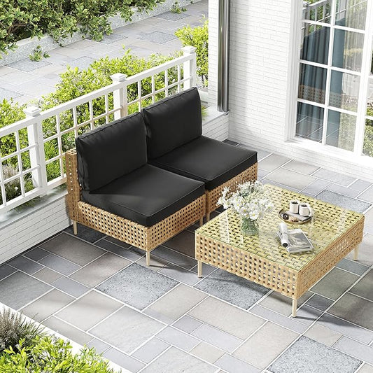 LHBcraft 3 Piece Wicker Patio Furniture Set,Modular Outdoor Furniture,Outdoor Patio Conversation Sets with Fluffy Black Cushions and Coffee Table