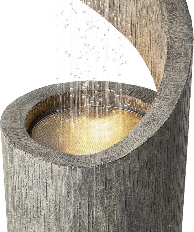 Glitzhome Outdoor Fountain with LED Light, Oversized Spiral Water Fountain Outdoor with Stone Planter, Modern Curved Waterfall Fountains Water Feature for Garden Patio, 40”H