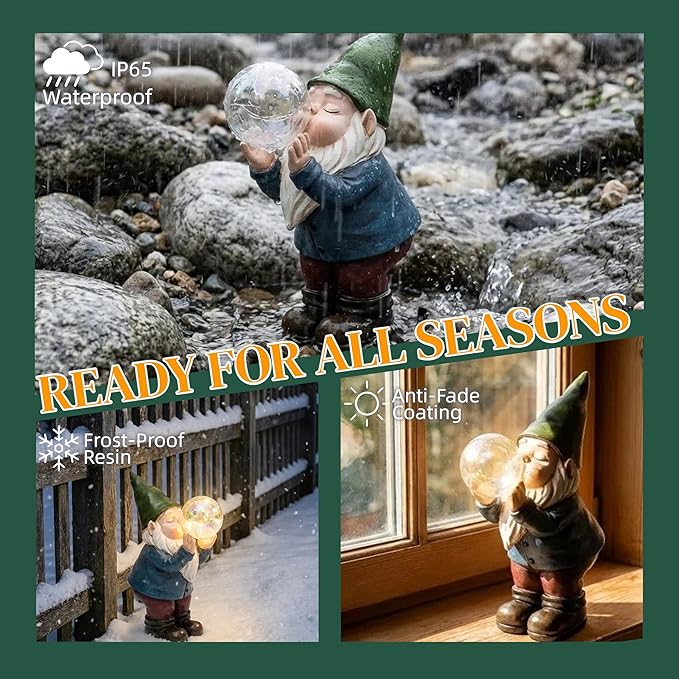 Solar Garden Gnome Statue with Light-Up Bubble, Whimsical Outdoor Decor Figurine with LED Fairy Lights for Patio, Lawn, Yard Art - Unique Waterproof Resin Gardening Gift