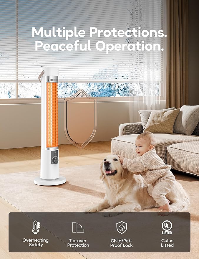 Patio Heater for Outdoor Use, Infrared Electric Outdoor Heater, 1500W Instant Heating, 60-Degree Oscillation, 9 Heat Levels, 9H Timer, Remote, for Garage, Large Room, Indoor, 32.2", White