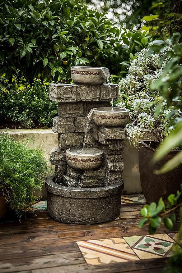 Cheng Pin 3 Tiers Water Fountain Outdoor - 28 Inch Tall Cascading Bowls and Stacked Stones Design, Create Relaxing Waterfall Flow Water Feature for Your Garden, Patio, Backyard,Lawn