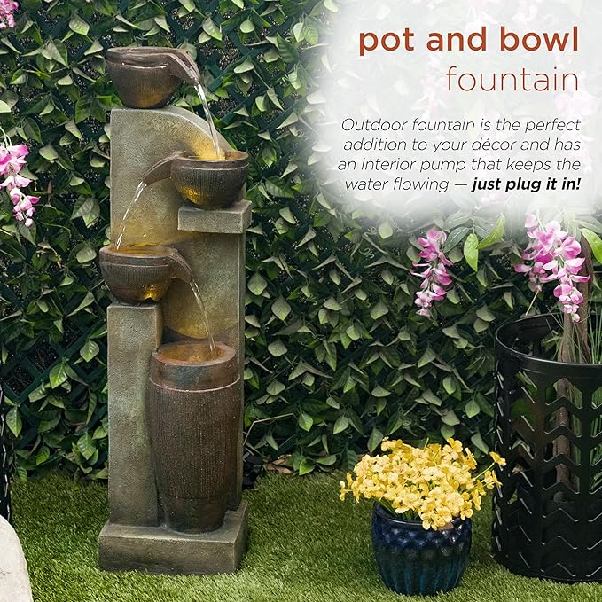 Alpine Corporation 40” Tall Indoor/Outdoor 4-Tier Fountain with LED Lights, Cascading Pot and Bowl Water Feature, Elegant Waterfall for Garden, Patio & Home, Brown