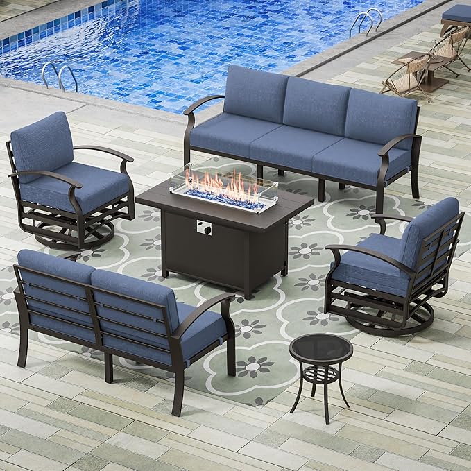 Aluminum Patio Furniture Set with Fire Pit Table, 7 Seats Outdoor Patio Conversation Sets with Swivel Chair Modern Metal Sectional Sofa with Upgrade Cushions for Patio, Backyard