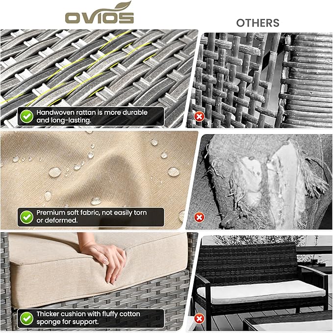 ovios Patio Furniture Set, 6 Pieces Outdoor Wicker Sofa Couch with Loveseat, Ottomans and Comfy Cushions, All Weather High Back Rattan Conversation Set, Beige