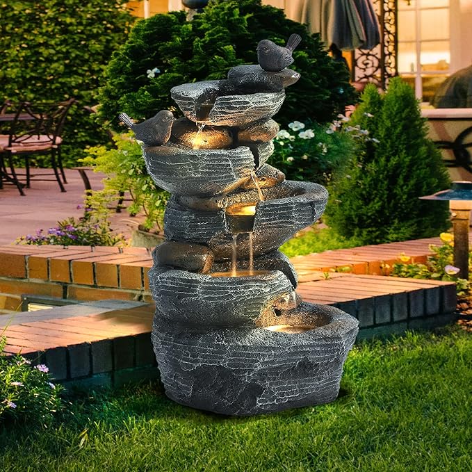 Outdoor Cascading Bird Water Fountain, 5-Tier Floor Natural Looking Rock Fountains with LED Pump Birds Decor, Freestanding Resin Fountain and Cascading Water Feature for Patio Garden, Grey