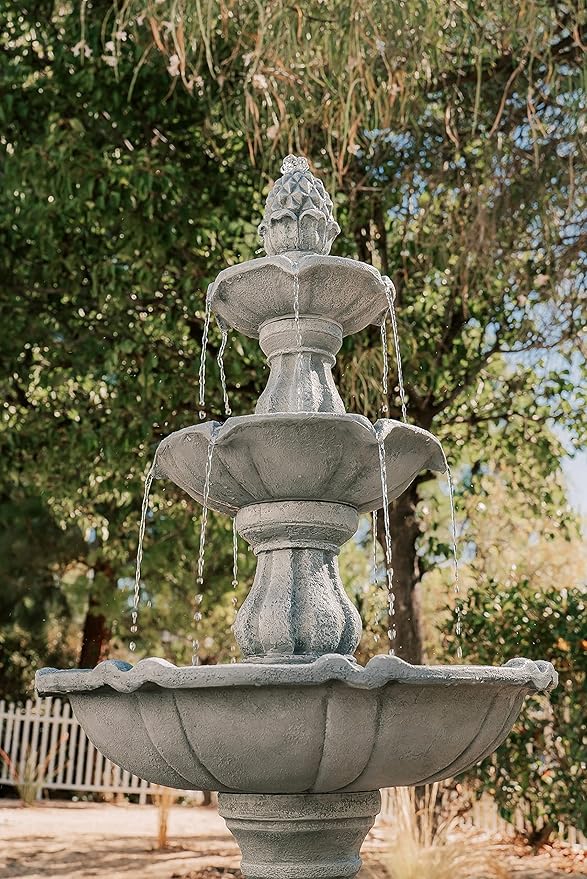 XBrand 51" 3-Tier Outdoor Freestanding Waterfall Fountain with Pump and Pineapple Finial, Gray