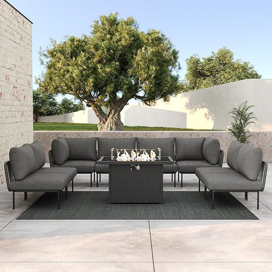LayinSun 9 Pieces Aluminum Patio Furniture Set, Modern Modular Sectional Sofa with Fire Pit Table and Upgrade Thickness Cushion