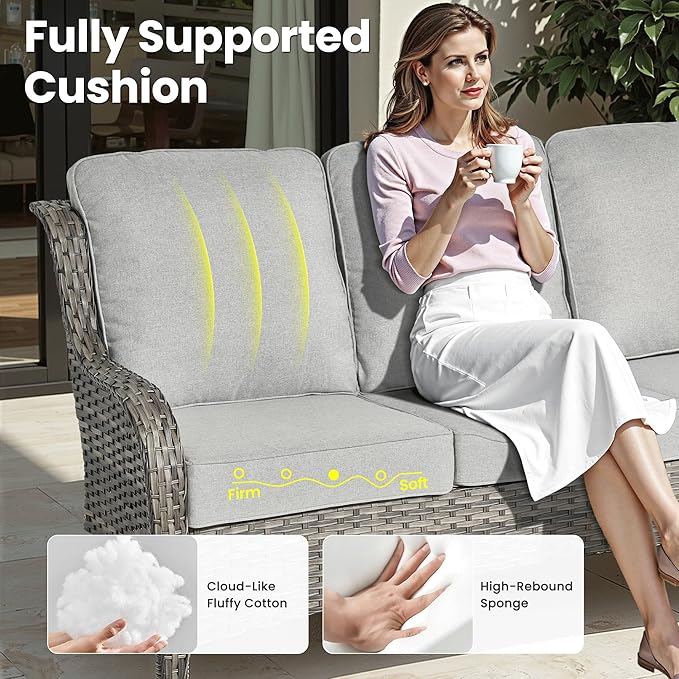 ovios 5-Piece Patio Furniture Set with Swivel Chairs Coffee Table, Outdoor Wicker Sofa with Comfy Cushions, High Back Couch Modern Conversation Sets, Grey/Grey