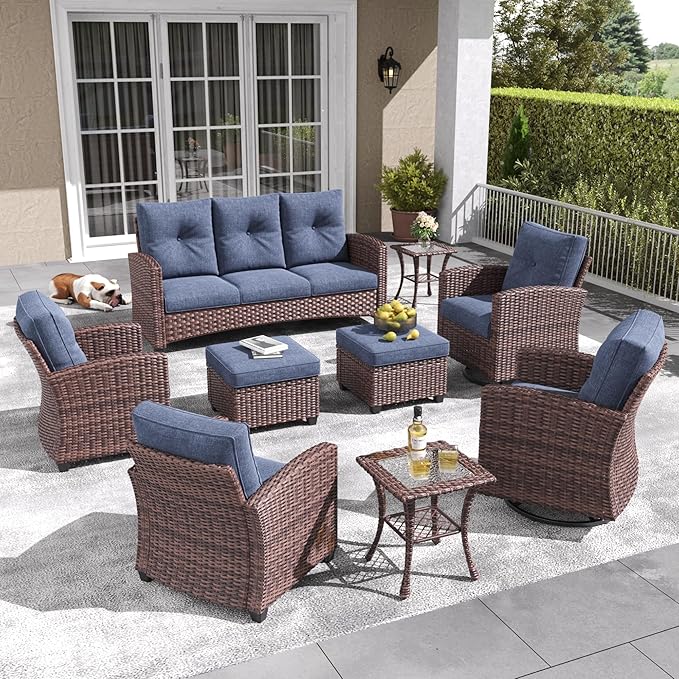 LayinSun 9 Pieces Patio Furniture Set with Swivel Chairs, Rattan Wicker Rocking Glide Chairs with Coffee Table Conversation Set