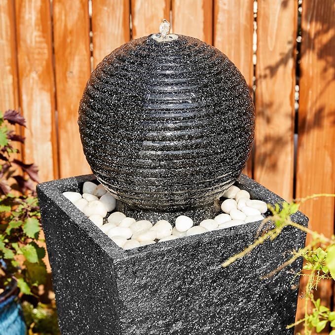 Glitzhome Outdoor Water Fountain with LED Light, Oversized Decorative Black Pedestal Water Fountains with Submersible Pump, Modern Sphere Floor Fountain with Pebbles for Garden Patio Decor, 40.25" H