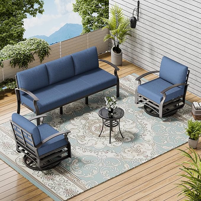 Patio Furniture Set 3-Piece Aluminum Armrest Sofa,All-Weather Patio Conversation Set with Tempered Glass Top Table & Removable Sponge Cushions for Backyard Poolside - Blue