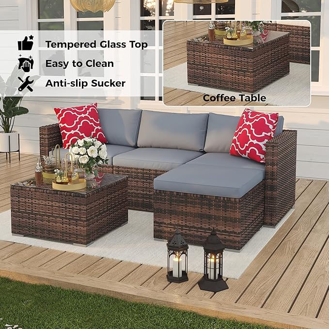 Garvee 5 Pieces Patio Furniture Set, Outdoor Glass Table and Cushions with Rattan Wicker Chairs, Patio Furniture Set for Porch, Balcony, Backyard, Garden, Brown & Grey