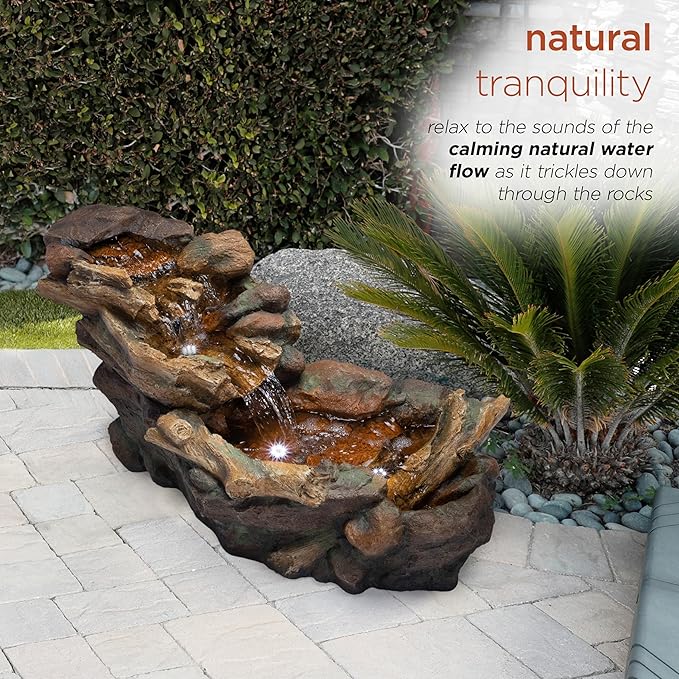 Alpine Corporation TZL288 Indoor/Outdoor Cascading Stone River Waterfalls Floor Fountain with LED Lights, 40 inches Long, Brown