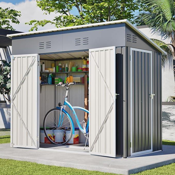 YOPTO 4x8 FT Outdoor Storage Shed,Slope Roof Storage Metal Garden Shed Steel with Reinforced Beams,All Weather Waterproof Garden Tool House W/Lockable Door & 4 Air Vents,for Backyard,Patio,Lawn,Grey - Image 7