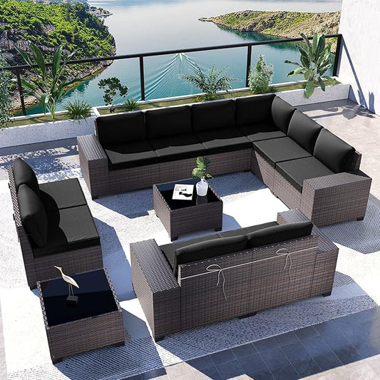 Kullavik Outdoor Patio Furniture Set,12 Pieces Sectional Rattan Sofa Set Brown PE Rattan Wicker Patio Conversation Set with 10 Seat Cushions and 2 Tempered Glass Coffee Table,Black