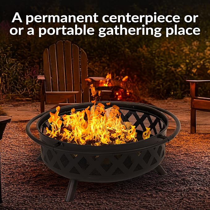 Sunnydaze Crossweave Outdoor Fire Pit - Wood-Burning Fire Pit for Outside with Spark Screen, Poker and Round Cover - 36-Inch - Black - Image 7