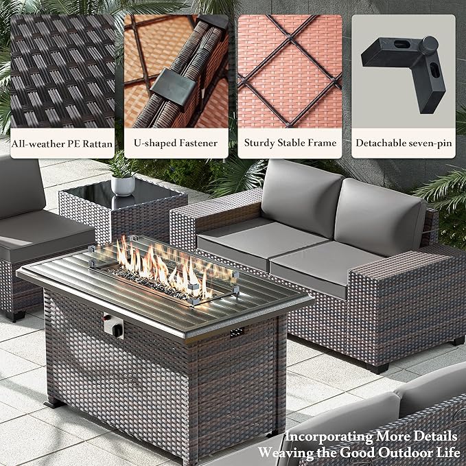 13 PCS Outdoor Patio Furniture Set,Outdoor Sectional Furniture with 43" 55000 BTU Gas Propane Fire Pit Table,All Weather PE Rattan Wicker Patio Conversation Set,Grey