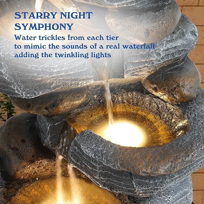 5-Tiers Cascading Rock Water Fountain Outdoor - Waterfalls Fountains with LED Lights, Outdoor/Indoor Resin Water Feature Fountain for Patio, Garden, Backyard, Deck, Porch, Home Docor