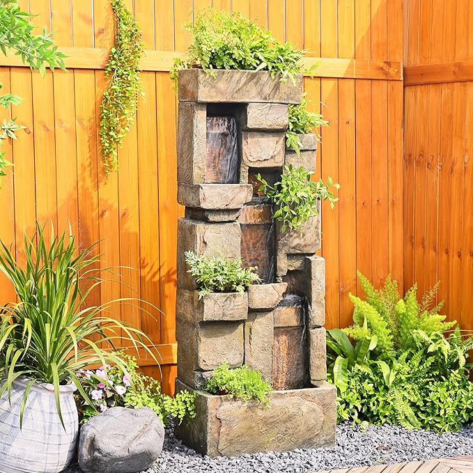 Garden Water Fountains Outdoor Floor Standing, 3 Tier Rock Waterfall Fountain with LED Lights and Pump for Garden, Patio, Backyard, Deck, Porch and Home Art Deco, 56.3" Very Tall