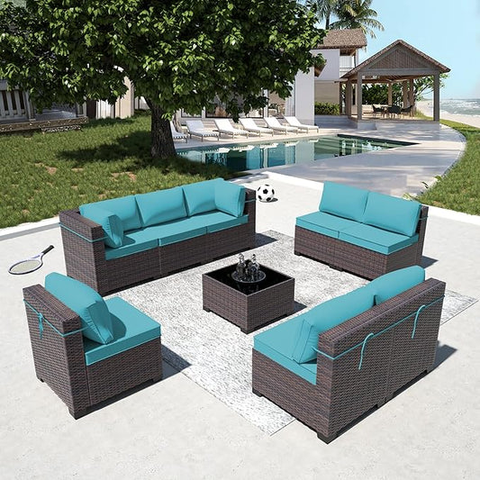 9 Pieces Outdoor Patio Furniture Set,Outdoor Sectional Furniture All Weather PE Rattan Wicker Patio Conversation Set with Coffee Table and 8 Thickened Cushions,Turquoise Blue