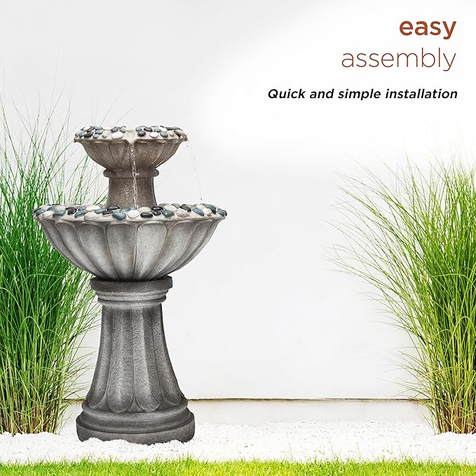 Alpine Corporation ZEN640S 24" 2 Tier Classic Pedestal Water Fountain, Indoor/Outdoor Floor Water Feature for Garden, Patio, and Home Décor, Gray