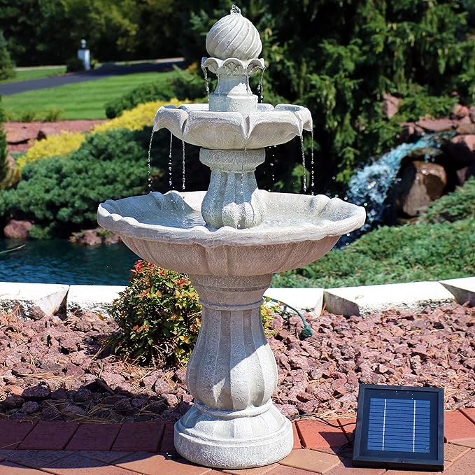 Sunnydaze 35" Solar 2-Tier Outdoor Water Fountain - Outdoor Water Fountain with Battery Backup and Pump - White