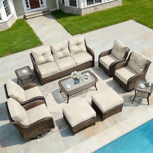Patio Furniture Set, 10PCS Outdoor Wicker Conversation Set with 6" Thick Cushions, High Back Rattan Sofa & Swivel Rocker Chairs, Weather Resistant Olefin Fabric for Garden, Poolside, Beige
