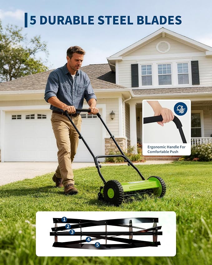 16 Inch Manual Reel Lawn Mower, 5-Blade Push Reel Mower with Adjustable Cutting Height, Walk-Behind Compact Hand Push Mower for Small Yards, Quiet Cordless Mowing (Green) — No Grass Catcher Bag - Image 3
