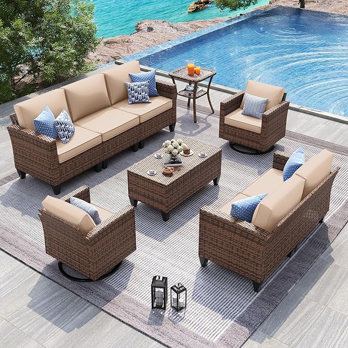 UDPATIO Patio Furniture Set, 6 Pieces Outdoor Furniture Sets with Rocking Swivel Chairs, Wicker Rattan Outdoor Conversation Set with Storage Table and Waterproof Covers for Backyard Deck Porch, Khaki
