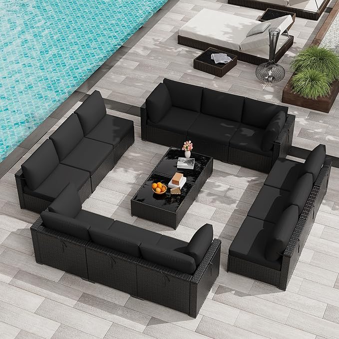 KIGOTY Patio Furniture Set,14 Pieces Modular Outdoor Sectional Sofa, PE Rattan Patio Conversation Set, All Weather Wicker Patio Furniture with Cushions and Coffee Table (Black/Black)