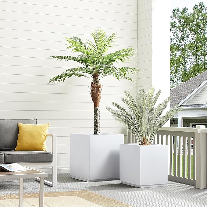 Wallowa Metallic Heavy Cube Square Planter, No Assembly Required, Seamless Large Outdoor Planter, Tall Plants and Flowers 17'Lx17'Wx20'H 24lbs White