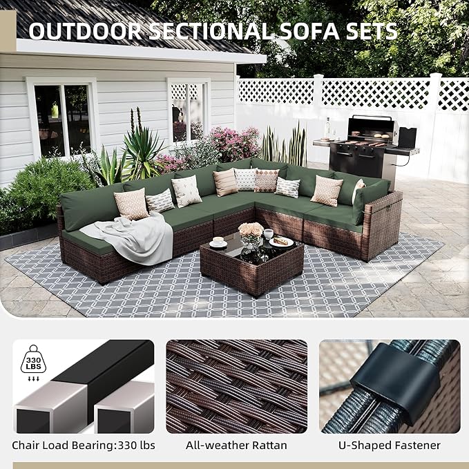 UPHA 9 Pieces Patio Furniture Sets, Wicker Outdoor Sectional Sofa Couch with Round Propane Pit for Deck Backyard Garden, Brown Rattan, Pine Green Cushion