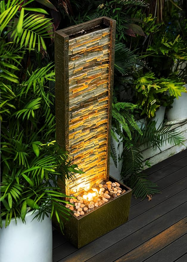 Cheng Pin Indoor Water Fountain -Staggered Stone Wall Design,Create Relaxing Ambiance to Decor Your Living Room,Office,Bedroom Or Outdoor Garden with Waterfall Water Feature and LED Lights,38in. Tall