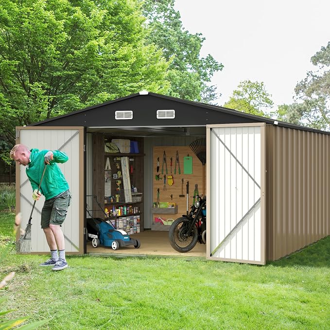 GUNJI 10 x 10 FT Shed Outdoor Storage Shed Metal Garden Shed with Lockable Door Outside Waterproof Tool Shed for Backyard, Patio, Lawn (Brown) by GUNJI