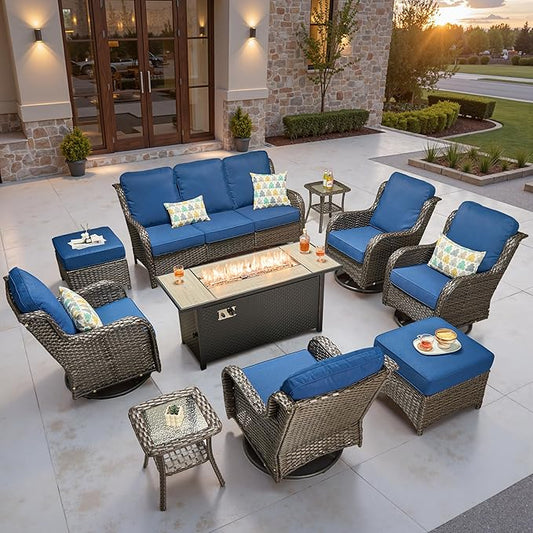 ovios 10-Piece Patio Furniture Set with Swivel Chairs Coffee Table, Outdoor Wicker Sofa with 54" Fire Pit Table, High Back Couch Modern Conversation Sets, Brown/Navy Blue